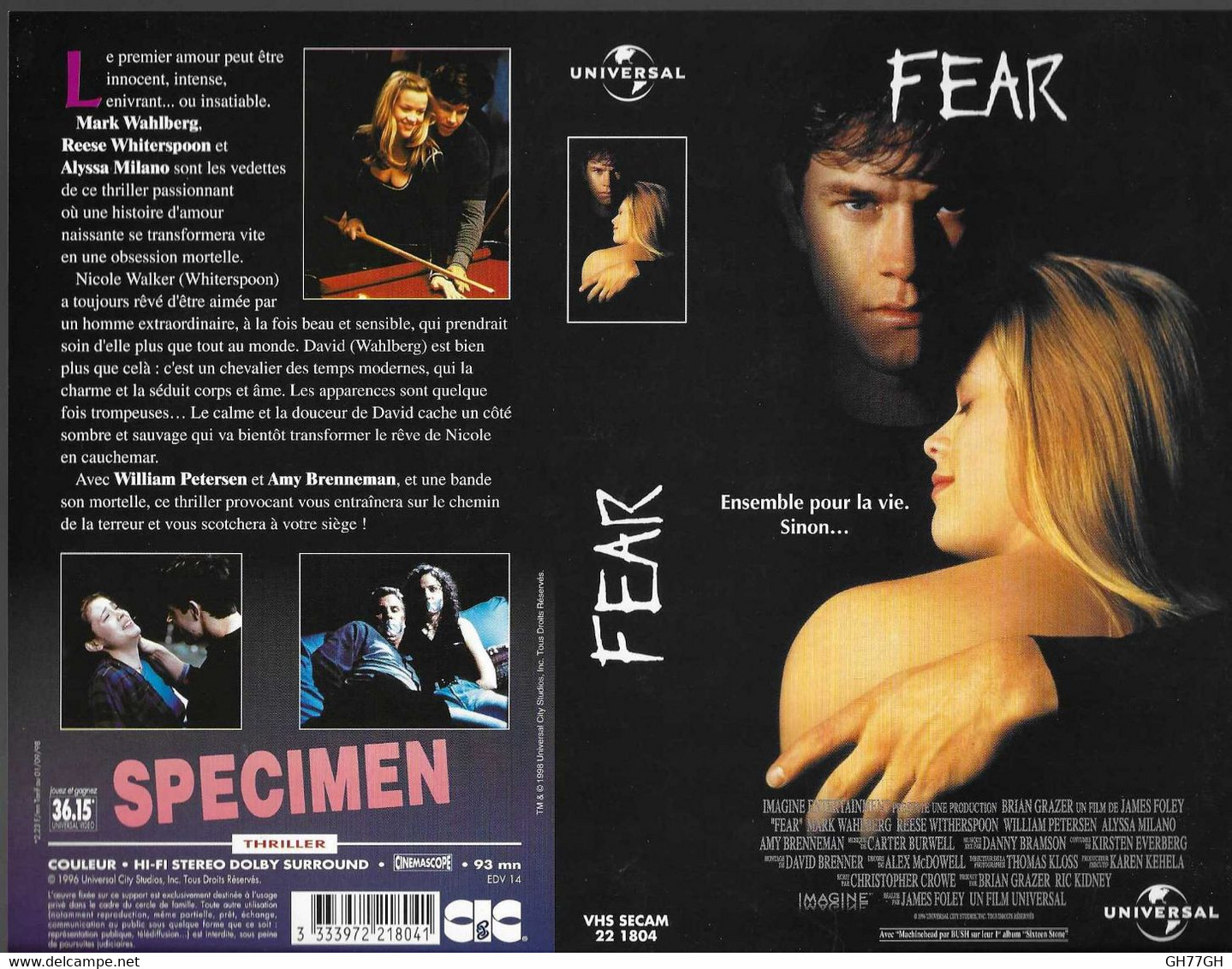 "FEAR" -jaquette SPECIMEN Originale CIC VIDEO -thriller - Horreur