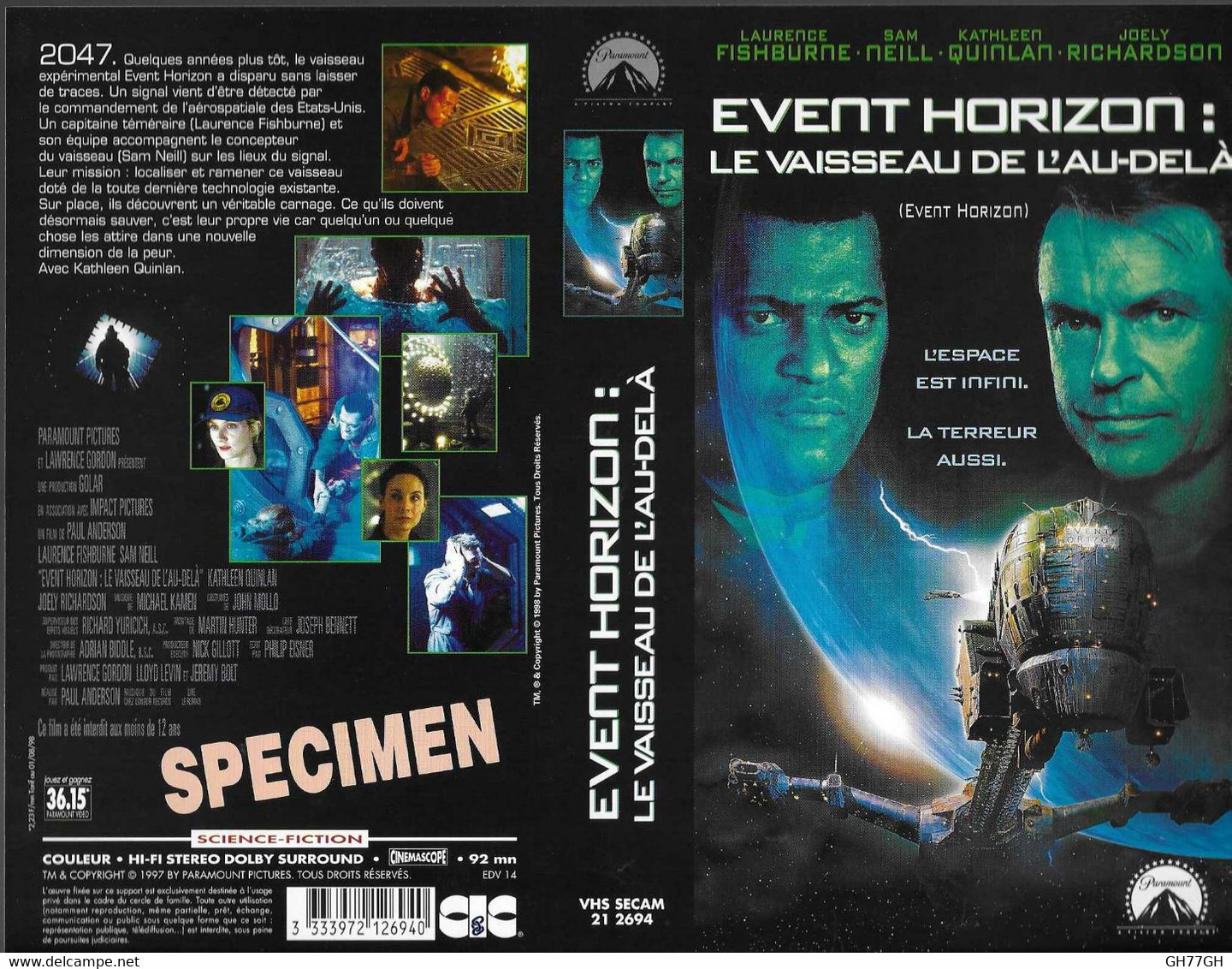 "EVENT HORIZON" -jaquette SPECIMEN Originale CIC VIDEO -le Vaisseau De L'au-delà - Science-Fiction & Fantasy