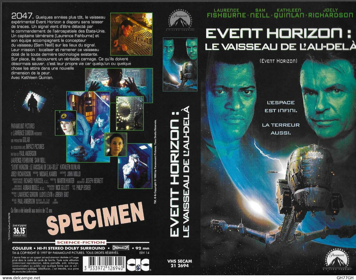 "EVENT HORIZON" -jaquette SPECIMEN Originale CIC VIDEO -le Vaisseau De L'au-delà - Sciencefiction En Fantasy