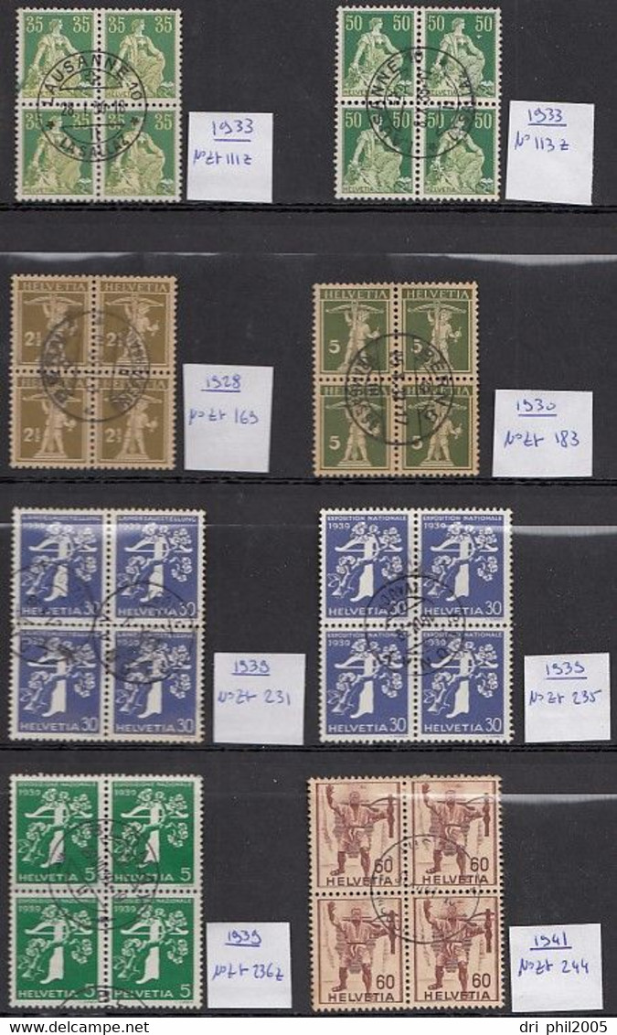 Suisse, 8 Blocs De 4 Oblit., Helvetia, Fils De Tell, Expo Nationale, Tell, N° 111z/113z/169/183/231/235/236z/244,1933-41 - Usados