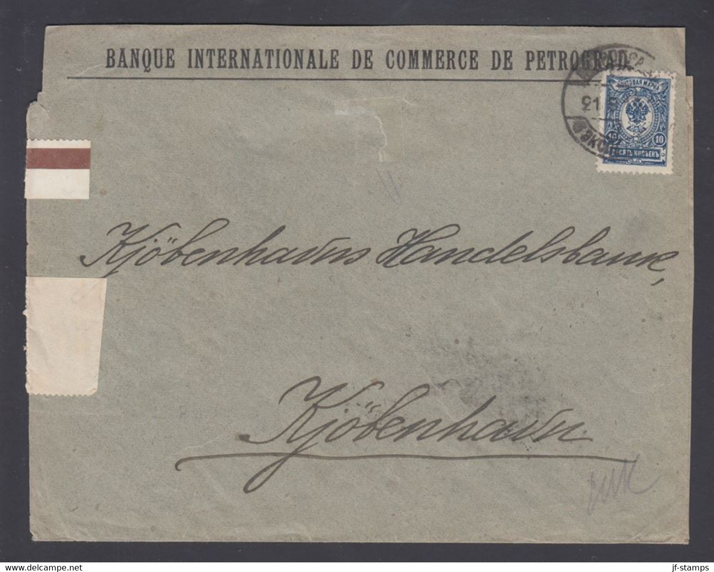 1915. RUSSIA. 10 KOP Perforated On Cover (open At 3 Sides) To Kjöbenhavns Handelsbank... () - JF369119 - Storia Postale