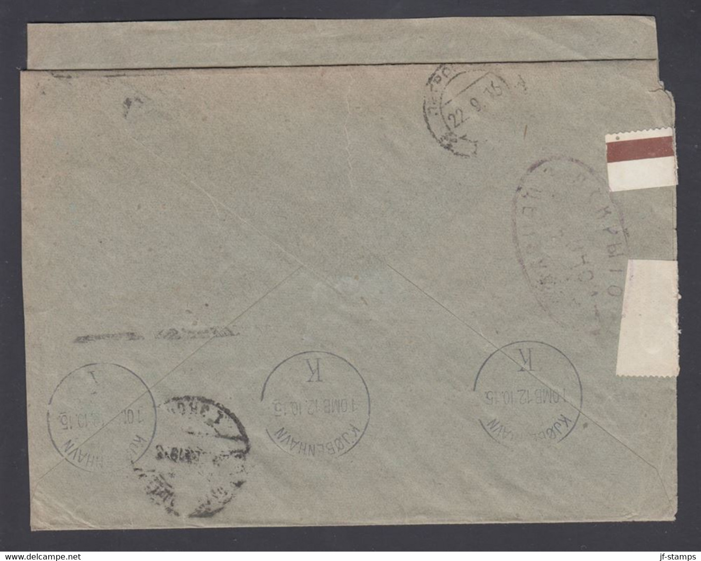 1915. RUSSIA. 10 KOP Perforated On Cover (open At 3 Sides) To Kjöbenhavns Handelsbank... () - JF369119 - Storia Postale