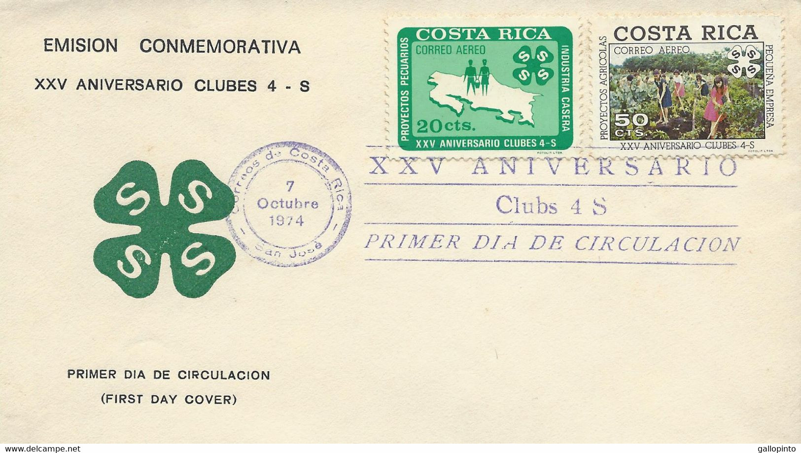 COSTA RICA 4-S CLUBS 25th ANNIV., EMBLEM, HARVESTERS, Sc C596-7 FDC 1974 - Costa Rica