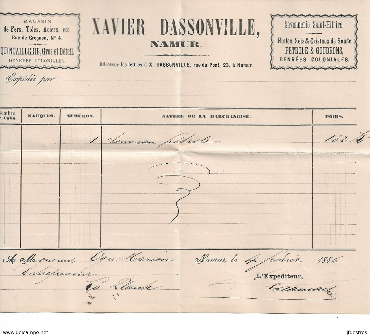 Bordereau Xavier Dassonville Namur Quincaillerie, Magasin, Pétrole... Pour Oger Marion La Plante 1886 - 1800 – 1899