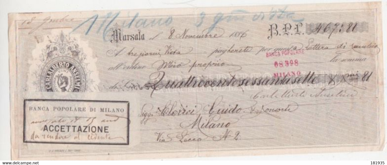 Lettera Di Cambio "Ditta Carlo Alberto Anselmi Marsala 1886- Italy Italia - Letras De Cambio