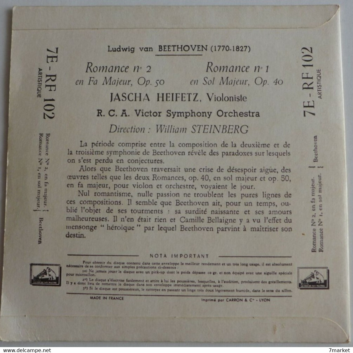 EP 45 // William Steinberg, Jascha Heifetz , Beethoven - Romances N° 1 & 2 / Label La Voix De Son Maître - Klassiekers