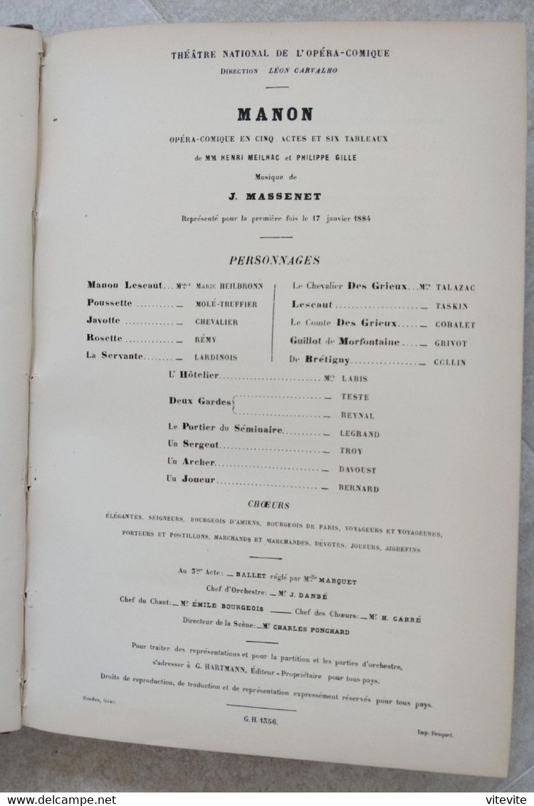 Massenet Manon Partition Ancienne Reliée Chant Piano - Opera