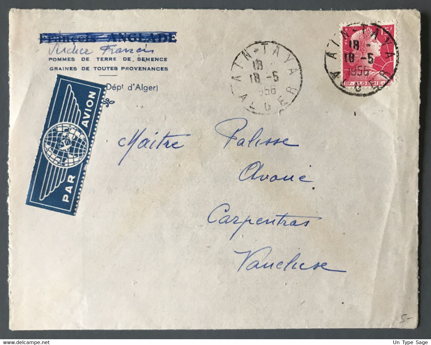 Algérie N°329 Sur Enveloppe Pour La France - TAD AIN-TAYA, Alger 18.5.1956 - (B3867) - Brieven En Documenten