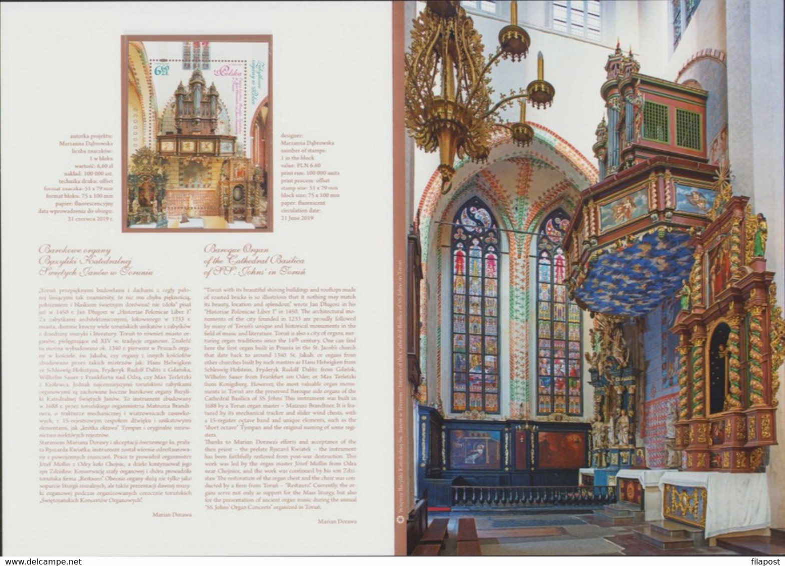 POLAND 2019 Booklet History Pipe Organ In Poland, Baroque Organ, Cathedral Basilica, Torun, Low Number Block MNH** FV - Booklets