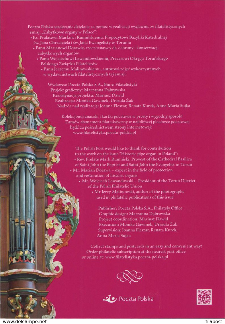POLAND 2019 Booklet History Pipe Organ In Poland, Baroque Organ, Cathedral Basilica, Torun, Low Number Block MNH** FV - Postzegelboekjes