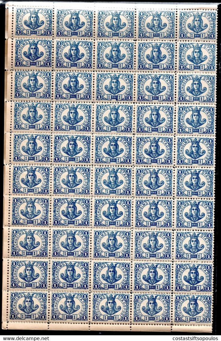 97.SWEDEN.1887-8 STOCKHOLM LOCAL POST 1 ORE SHEET OF 100,FOLDED IN THE MIDDLE,MNH,VERY FEW PERF.SPLIT - Local Post Stamps