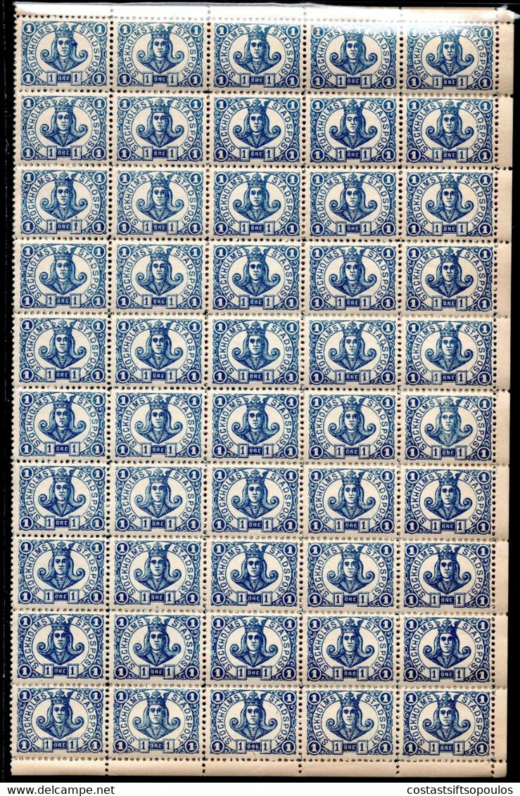 97.SWEDEN.1887-8 STOCKHOLM LOCAL POST 1 ORE SHEET OF 100,FOLDED IN THE MIDDLE,MNH,VERY FEW PERF.SPLIT - Emisiones Locales