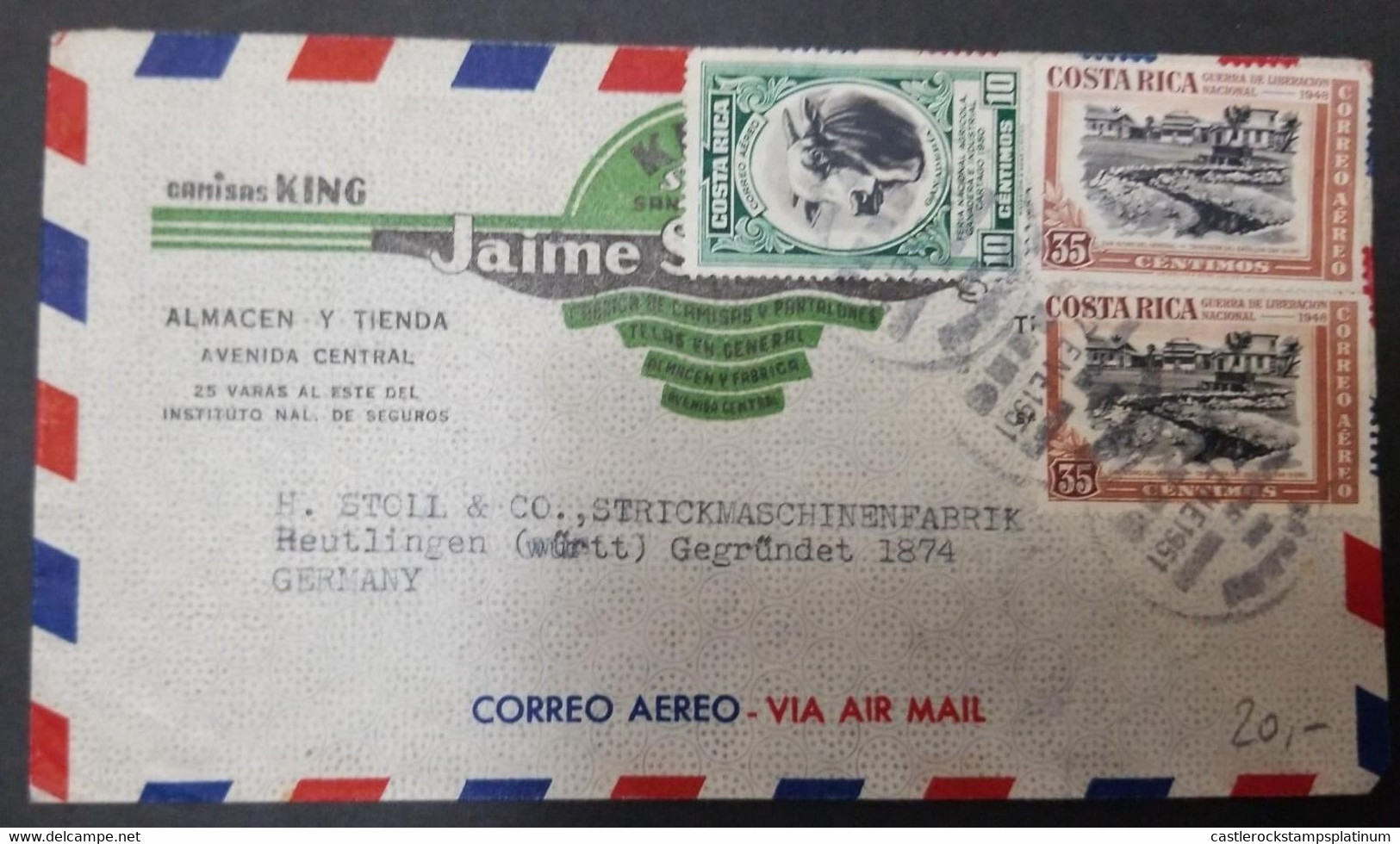 A) 1951, COSTA RICA, AIRMAIL, FROM SAN JOSE TO GERMANY, SAN ISIDRO BATTLEY TRENCH AND NATIONAL AGRICULTURAL FAIR - Costa Rica