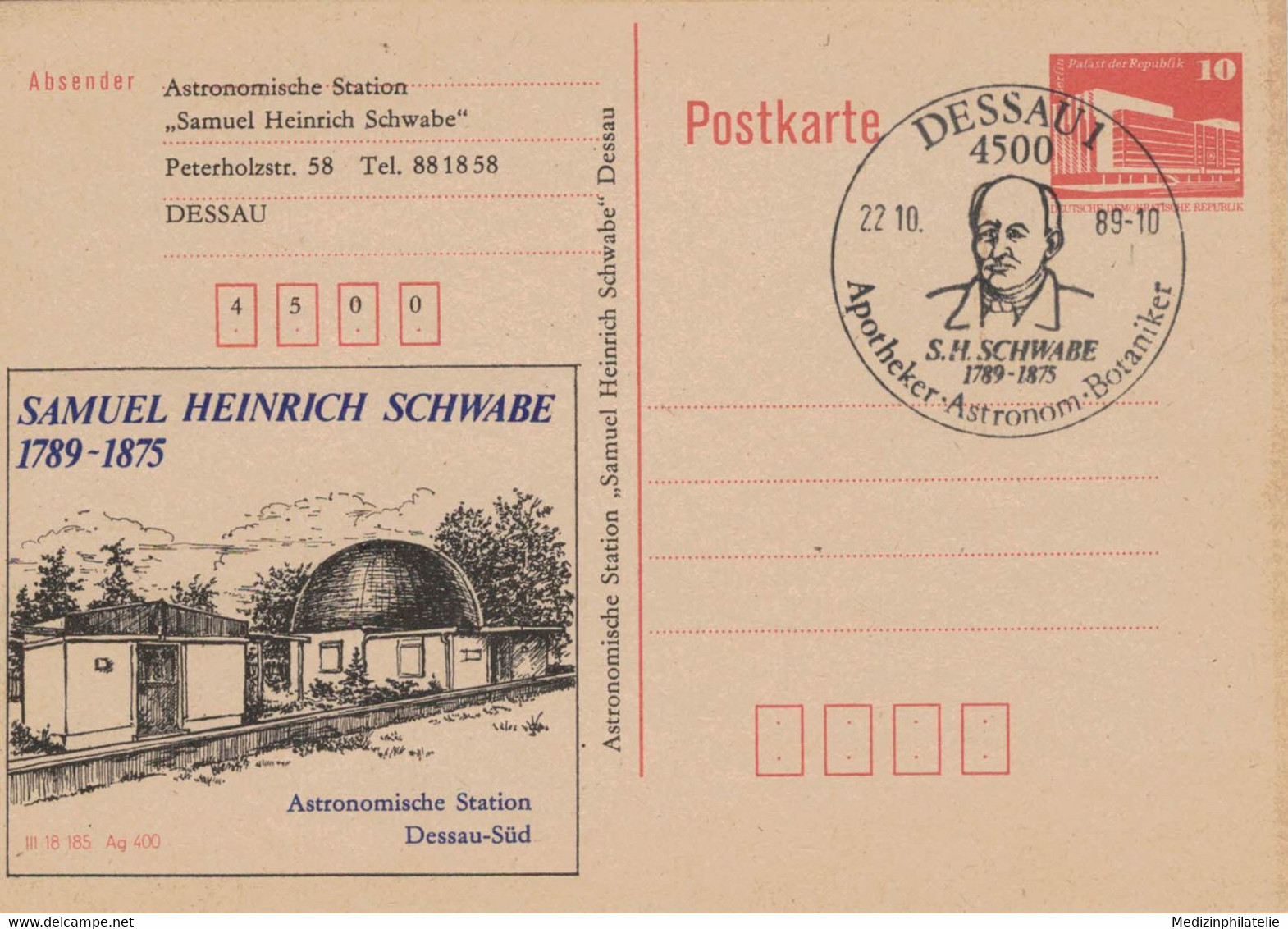 Samuel Heinrich Schwabe Deutscher Astronom Apotheker Botaniker  - Dessau 1989 Ganzsache Astronomische Station - Pharmacy