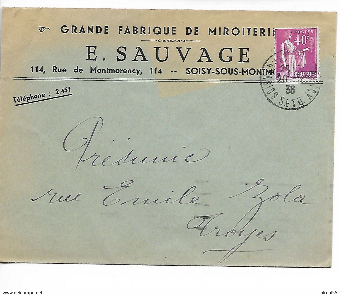 SOISY SOUS MONTMORENCY Env. Commerciale E. SAUVAGE Miroiterie Rue De Montmorency  1936 ....G - Soisy-sous-Montmorency