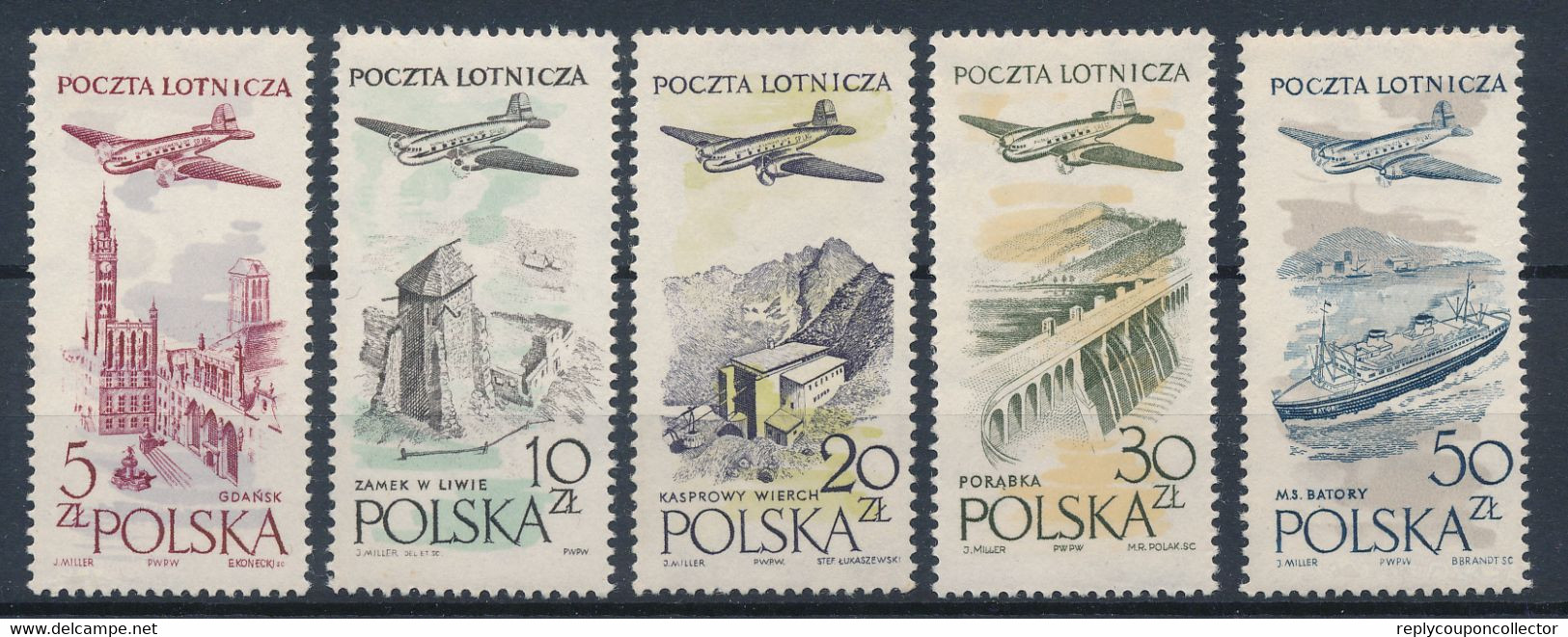 POLEN / POLAND / POLSKA  -  1958  ,   Flugzeug über Städten U. Landschaften   -  Michel  1080-1084  MNH / ** - Unused Stamps