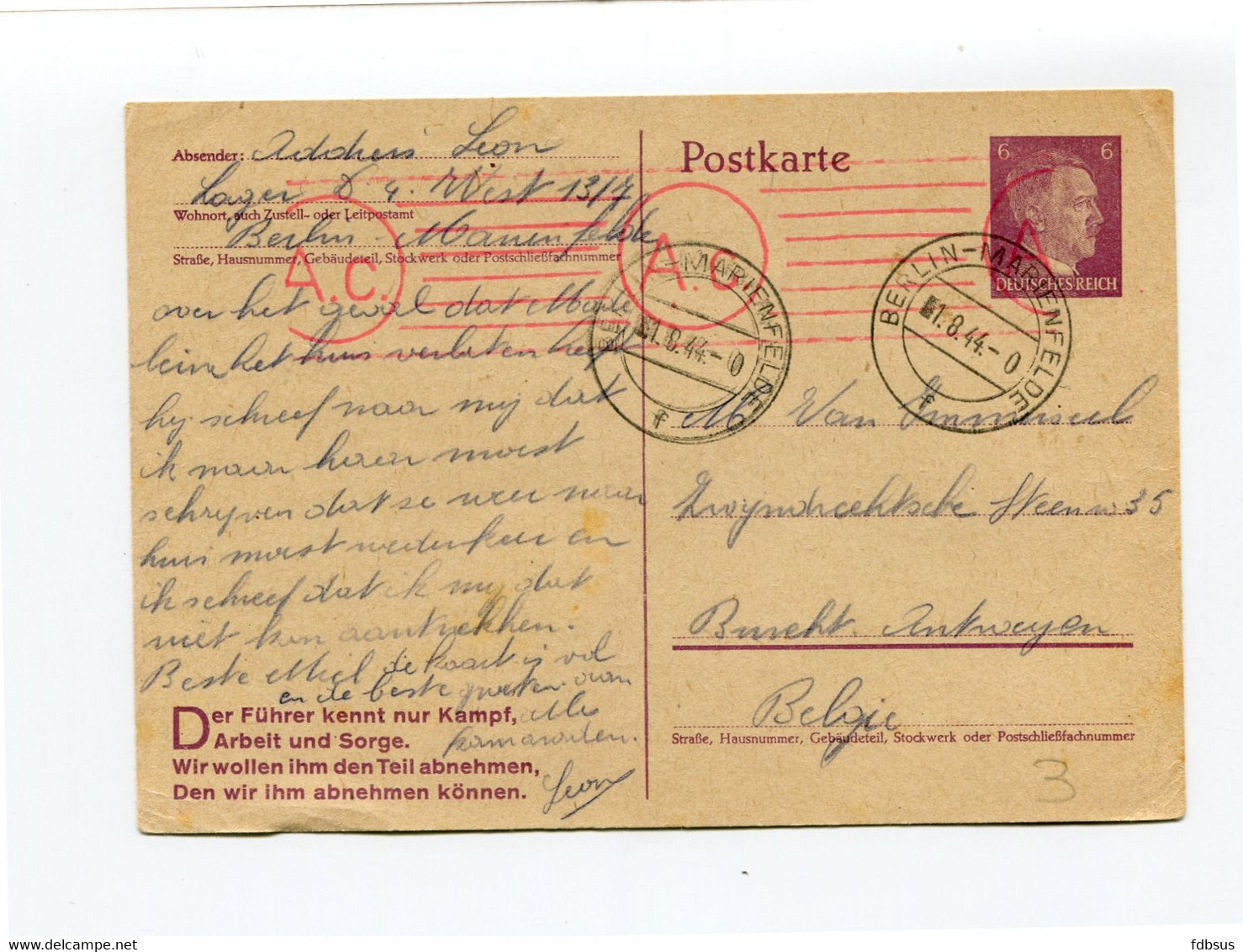 1944 Postkarte 6pf Berlin Marienfelde Naar Burcht - Stempel AC - Censuur - Met Vlaamse Tekst En Tekst Onderaan Kampf ... - Other & Unclassified