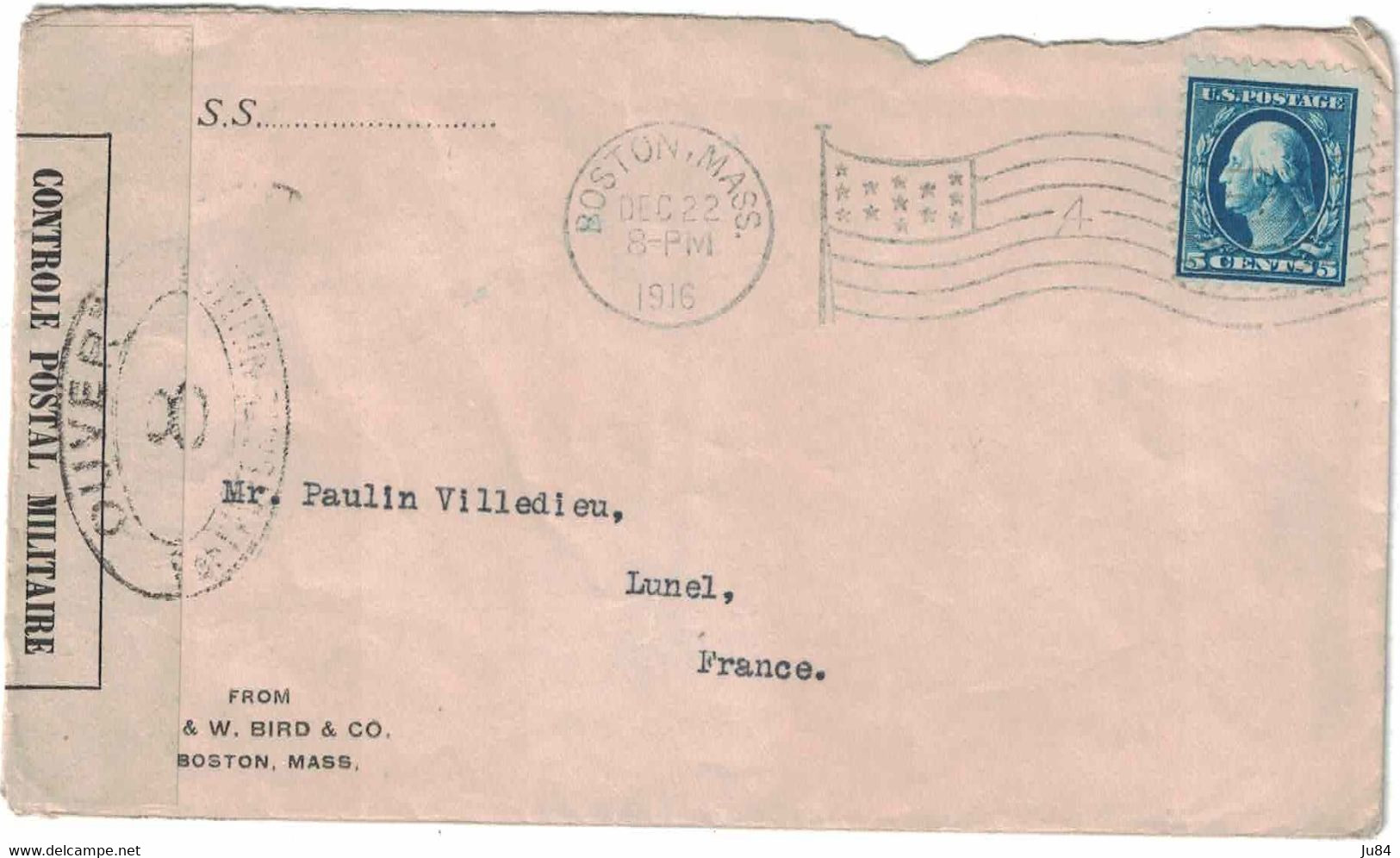 Etats-Unis - Massachusetts - Boston - Censure - Lettre Pour Lunel (France) - Oblitération Drapeau - 22 Décembre 1916 - Usados