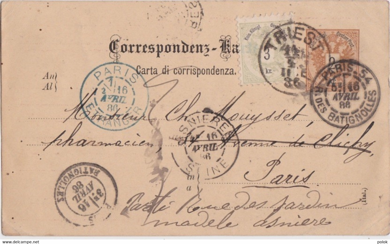 Bt - 3 Kr. Et 2 Kr. -cachets 1886 Triest, Paris étranger, Paris Batignolles , Asnières (Droguerie Laborde à Trieste) - Storia Postale