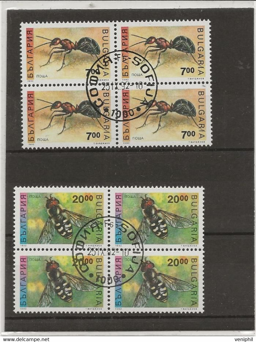 BULGARIE  -SERIE INSECTES - N° 3461-3462 - BLOC DE 4 OBLITERE -ANNEE 1992 - COTE : 28 € - Used Stamps