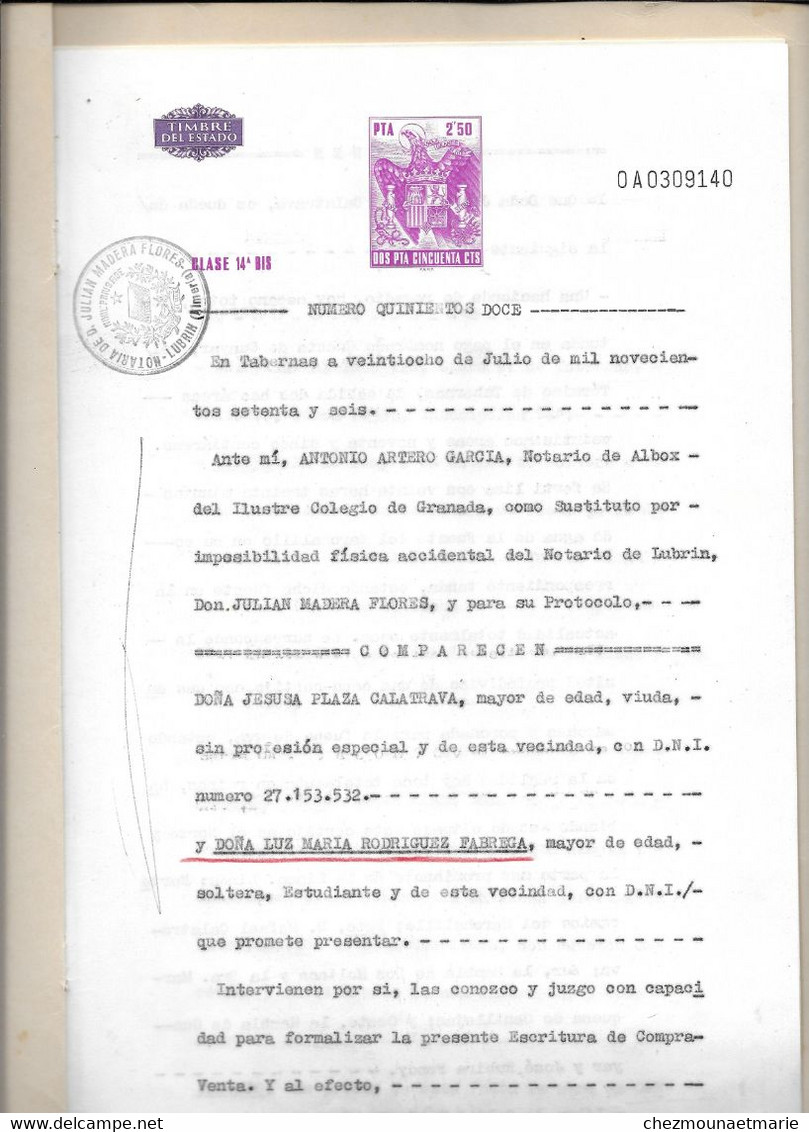 1976 LUBRIN ESPAGNE - VENTE ENTRE PLAZA CALATRAVA ET RODRIGUEZ FABREGA - NOTAIRE FLORES - 5 PAGES - Documents Historiques