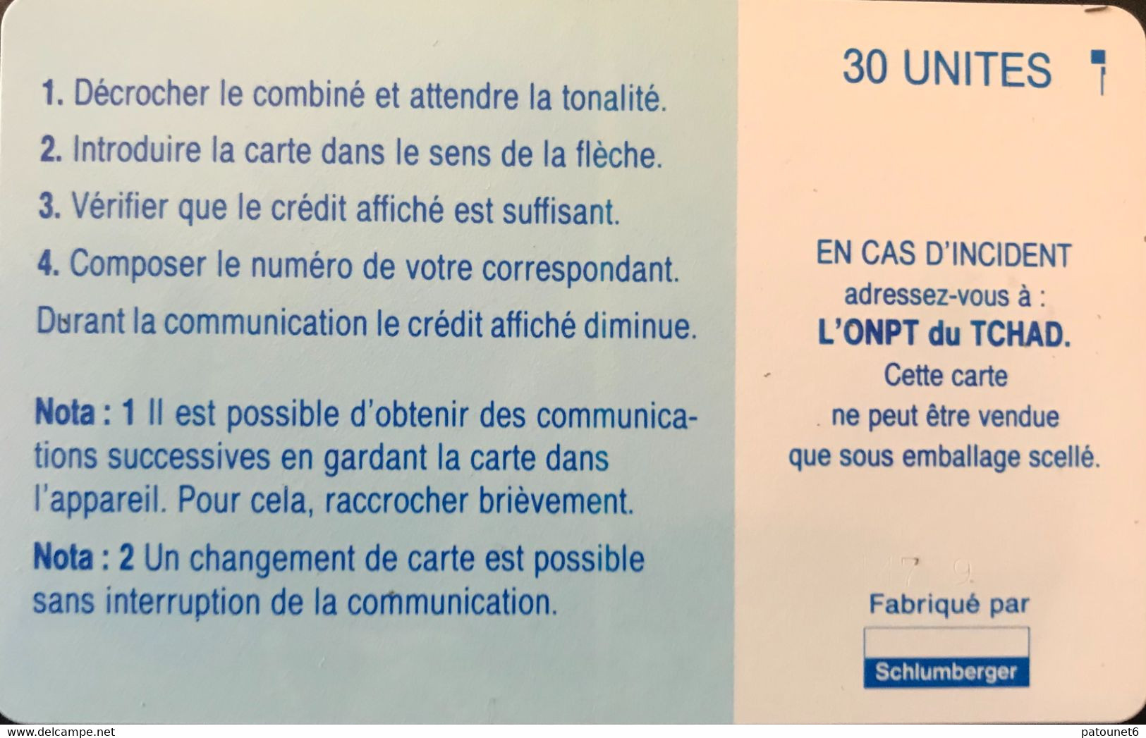 TCHAD  -  Phonecard  -  ONPT  -  20 Bleue - Tchad