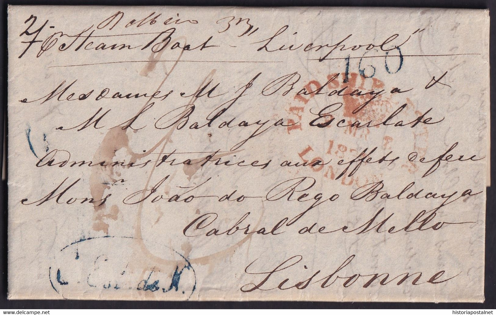 1836. LONDRES A LISBOA. FECHADOR PAID SHIP LETTER/LONDON CORONADO. TASA 160 REIS. ESPECTACULAR CARTA COMPLETA. - ...-1853 Prefilatelia