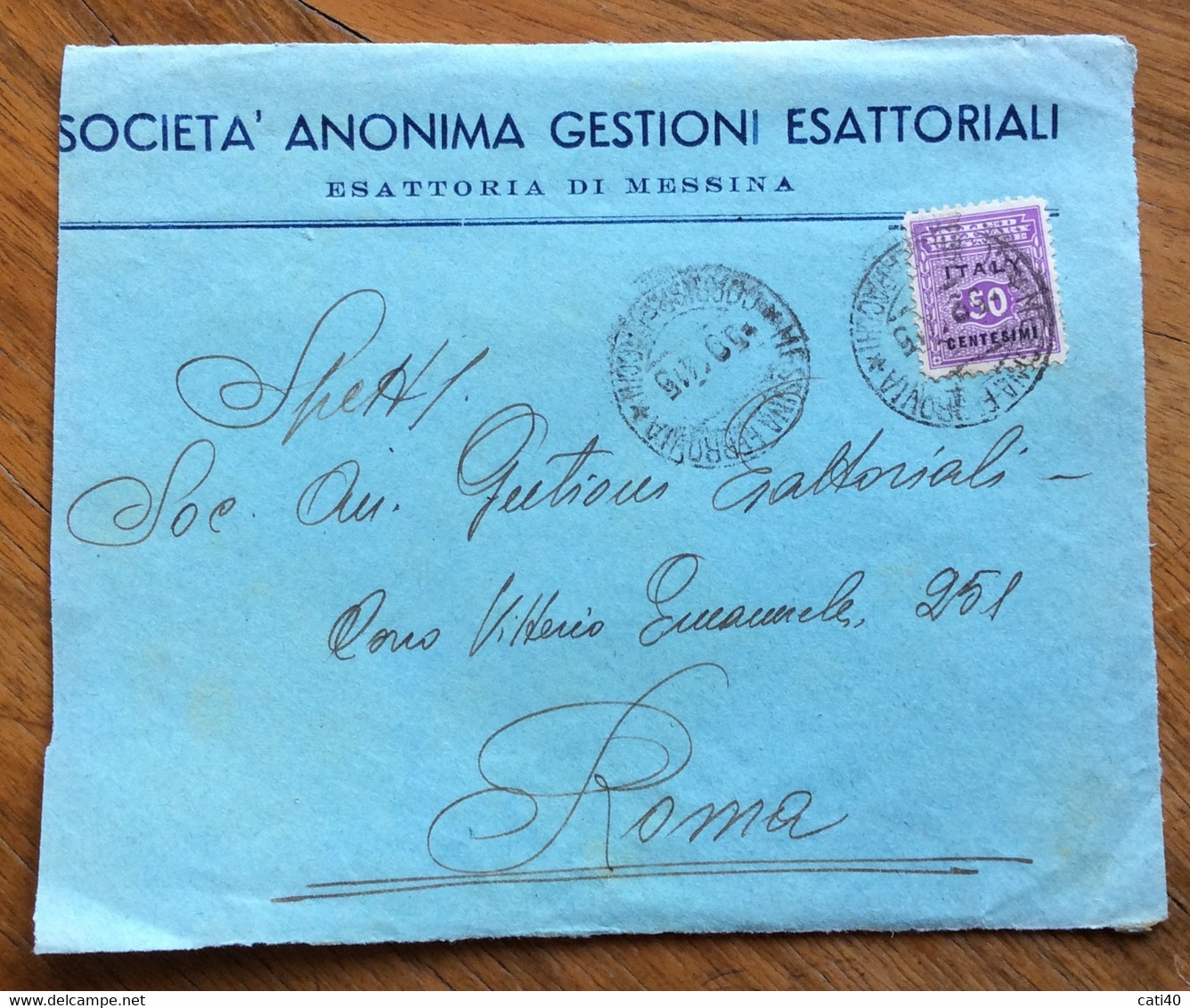 AMGOTT 50 Centesimi Su FRONTE BUSTA  ESATTORIA DI MESSINA Annullo MESSINA 5/9/44 PER ROMA - Ocu. Anglo-Americana: Sicilia