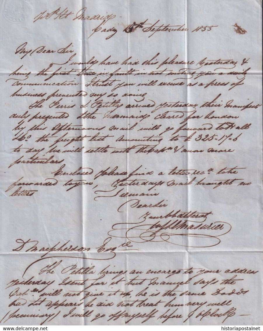 1855. CÁDIZ A LONDRES. MARCA B.C./CADIZ EN TINTA ESCRIBIR. MNS. PER PACKET. TASA 2/3 CHELINES-PENIQUES. MUY BONITA. - ...-1840 Préphilatélie