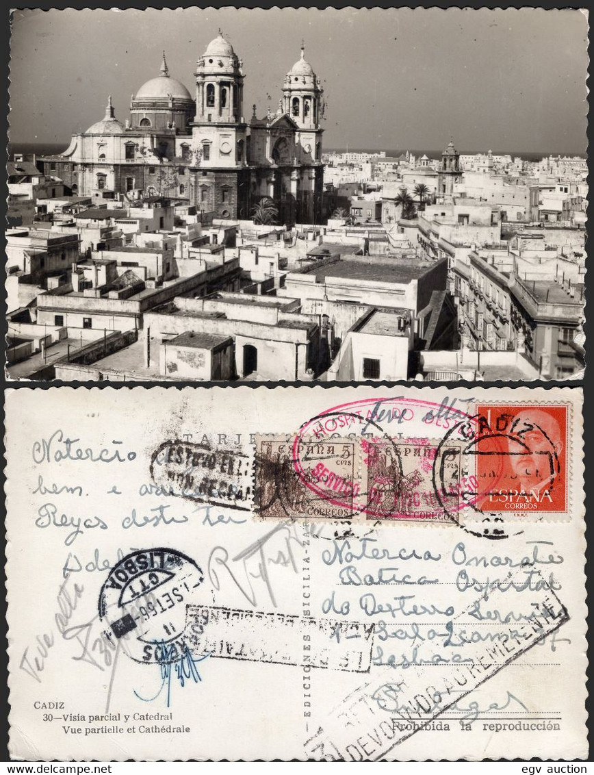España - Edi O TP 1153 + 1044(2) - Postal De Cádiz A Portugal Varias Marcas - En Los Sellos Marca Roja "Hospital Do .." - Lettres & Documents