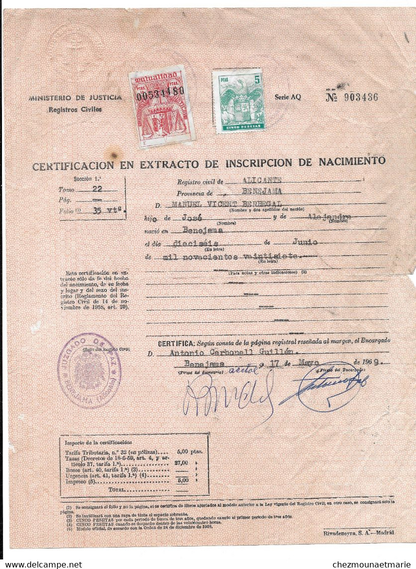 1969 ALICANTE ESPAGNE - MANUEL VICENT BERBEGAL - EXTRAIT NAISSANCE PROVINCE BENEJAMA 1927 - Documents Historiques