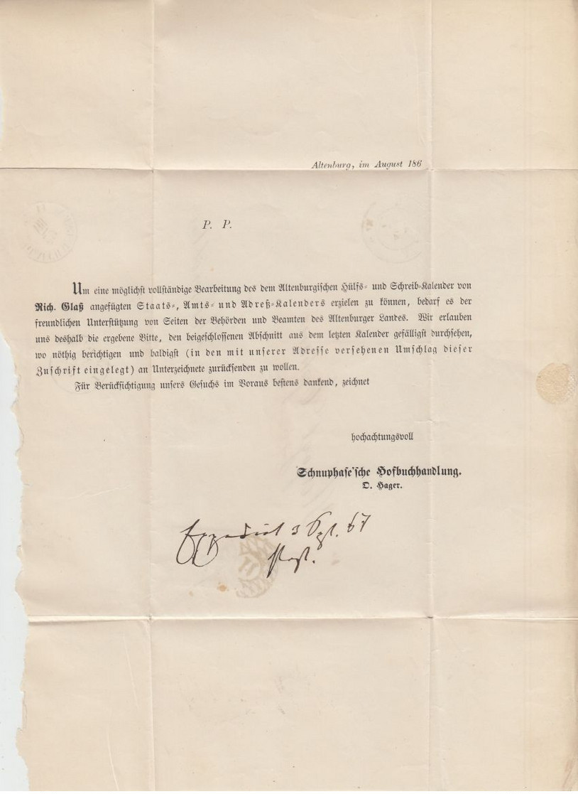 Sachsen - 1/2 Ngr. Wappen Nummerngitterstpl. 11 Brief Altenburg - Schmölln 1867 - Saxony