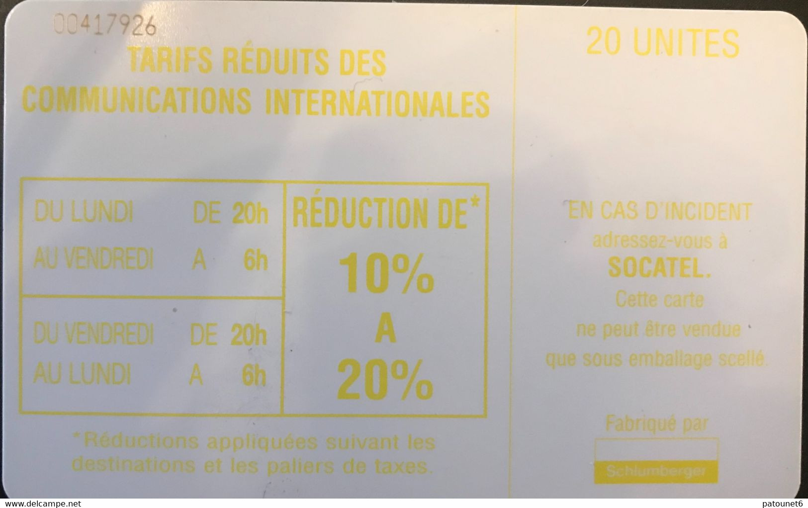 REPUBLIQUE CENTRAFRICAINE  -  Phonecard  -  SOCATEL  -  20 Unités (jaune) - Centrafricaine (République)