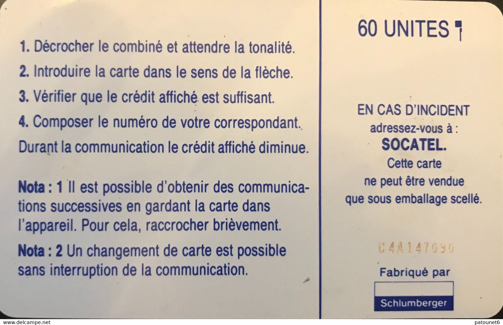 REPUBLIQUE CENTRAFRICAINE  -  Phonecard  -  SOCATEL -  60 Unités (bleue) - Zentralafrik. Rep.