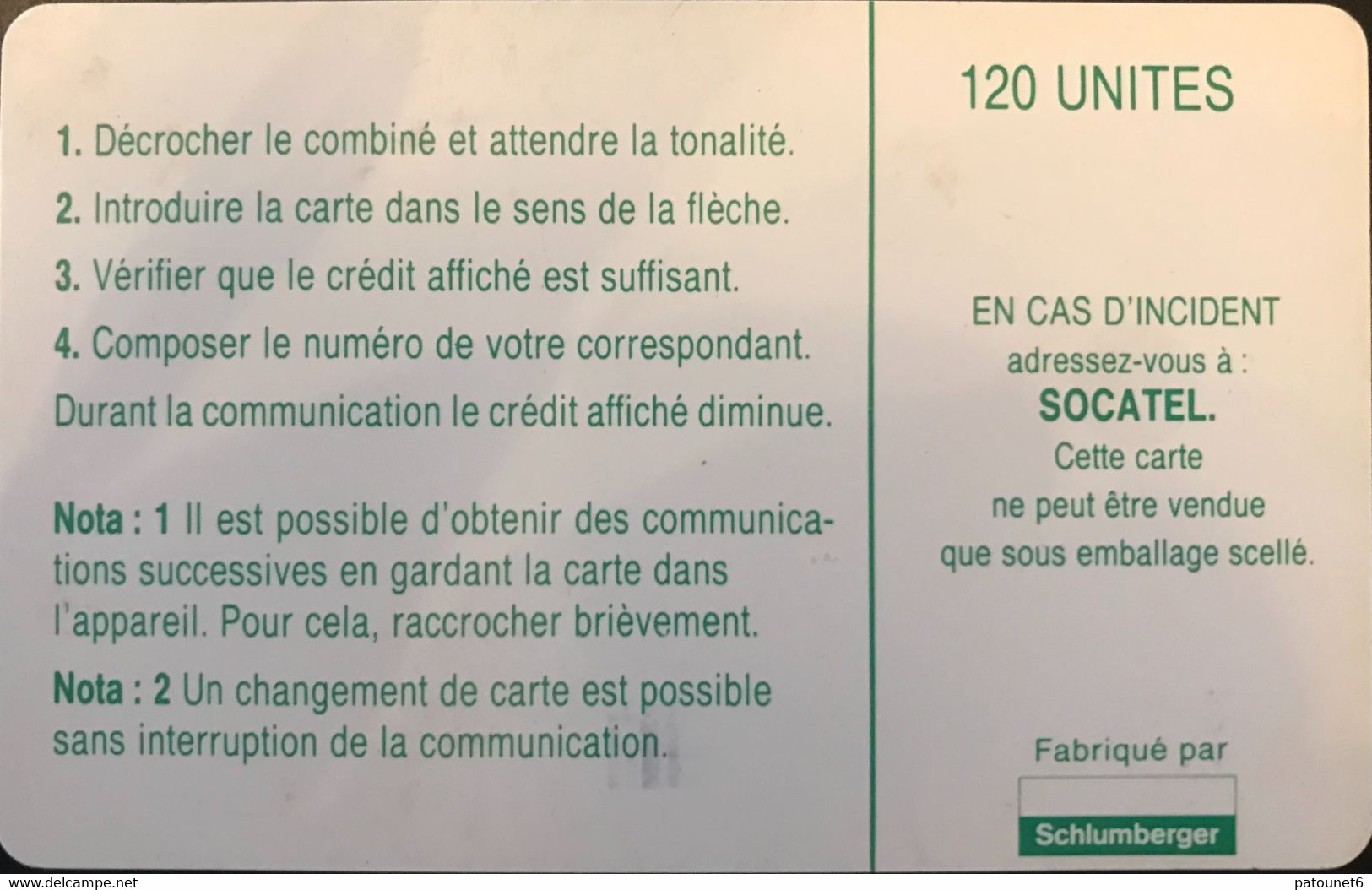 REPUBLIQUE CENTRAFRICAINE  -  Phonecard  -  SOCATEL -  120 Unités (verte) - SC 7 - Zentralafrik. Rep.