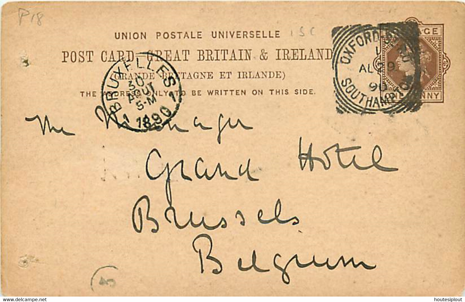 UK.. CP P 18  (Mi)  Oxford.St.B.O./ Southampton > Bruxelles  29/8/90  Sq. C .S/216 1 SC   Trous D'archive - Postmark Collection