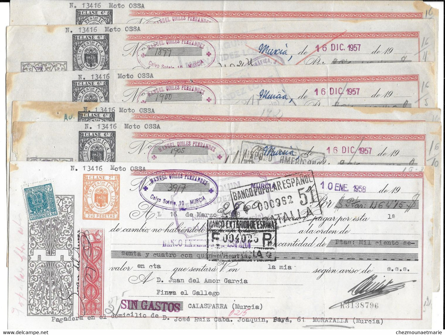 1957 1958 CALASPARRA MURCIA ESPAGNE - JUAN DEL AMOR GARICIA - MAQUINARIA CINEMATOGRAFICA - LOT DE 6 CHEQUES? BILLETS - Cheques En Traveller's Cheques