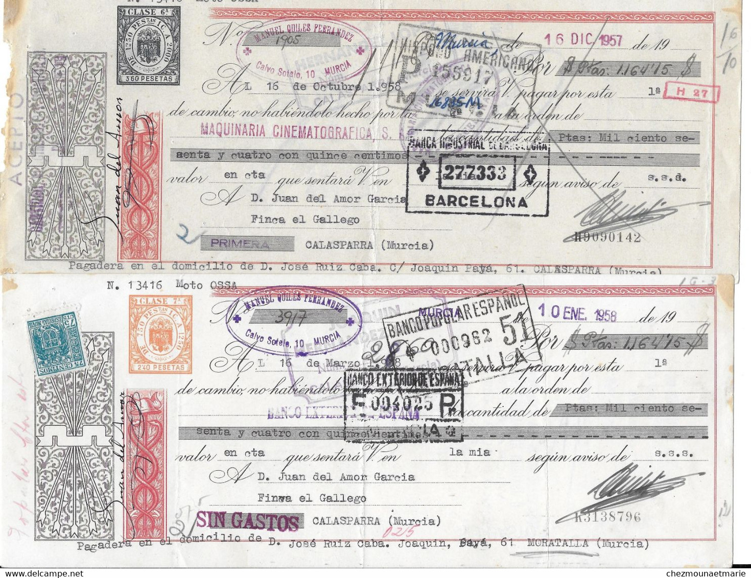 1957 1958 CALASPARRA MURCIA ESPAGNE - JUAN DEL AMOR GARICIA - MAQUINARIA CINEMATOGRAFICA - LOT DE 6 CHEQUES? BILLETS - Chèques & Chèques De Voyage