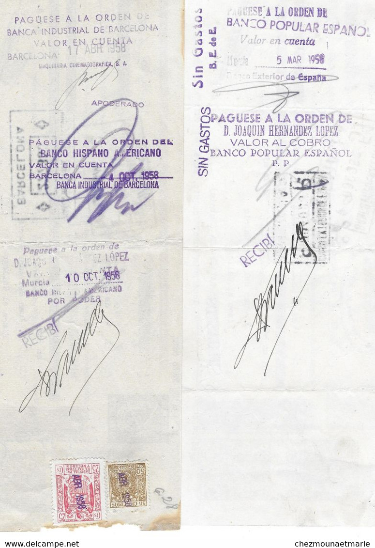 1957 1958 CALASPARRA MURCIA ESPAGNE - JUAN DEL AMOR GARICIA - MAQUINARIA CINEMATOGRAFICA - LOT DE 6 CHEQUES? BILLETS - Assegni & Assegni Di Viaggio