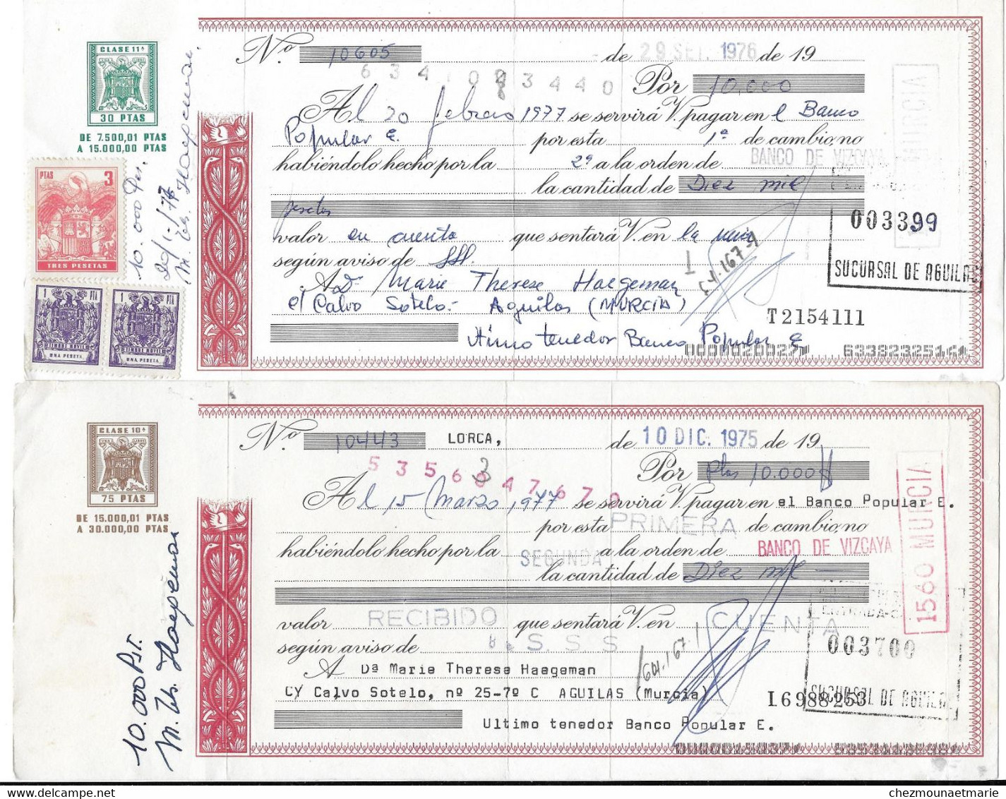 1975 1976 AGUILAS MURCIA ESPAGNE - MARIE THERESE HAEGEMAN - LOT DE 2 CHEQUES? BILLETS - Cheques En Traveller's Cheques