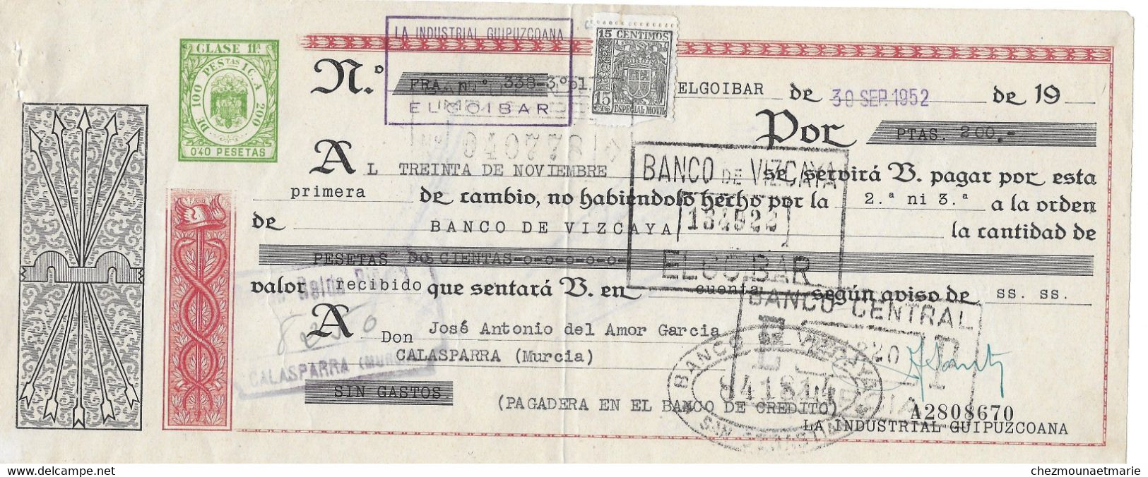 1952 CALASPARRA MURCIA ESPAGNE - JOSE ANTONIO DEL AMOR GARCIA - CHEQUES BILLET - Cheques En Traveller's Cheques