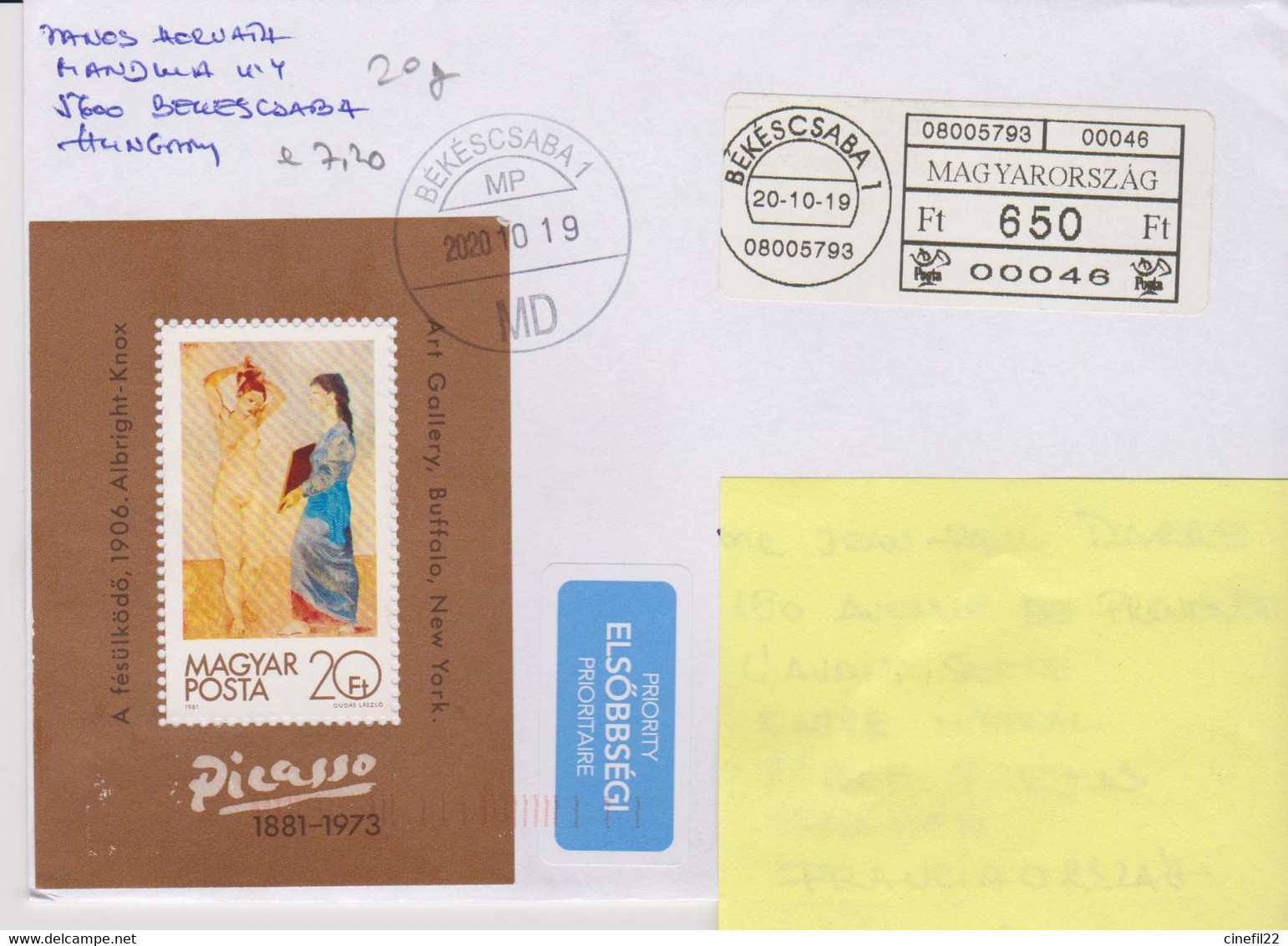HONGRIE, BF 157 Yvert, Pablo Picasso, Peinture, Sur Lettre 2020 - Briefe U. Dokumente