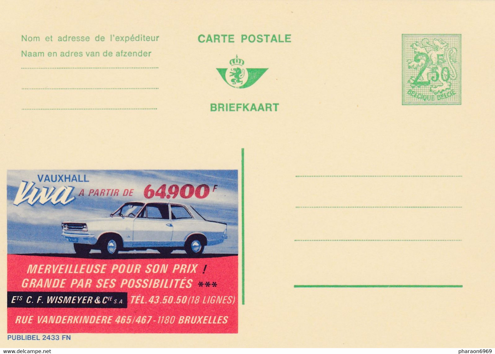 Carte Entier Postal Publibels 2433FN Voiture Automobile Vauxhall Vina - Publibels