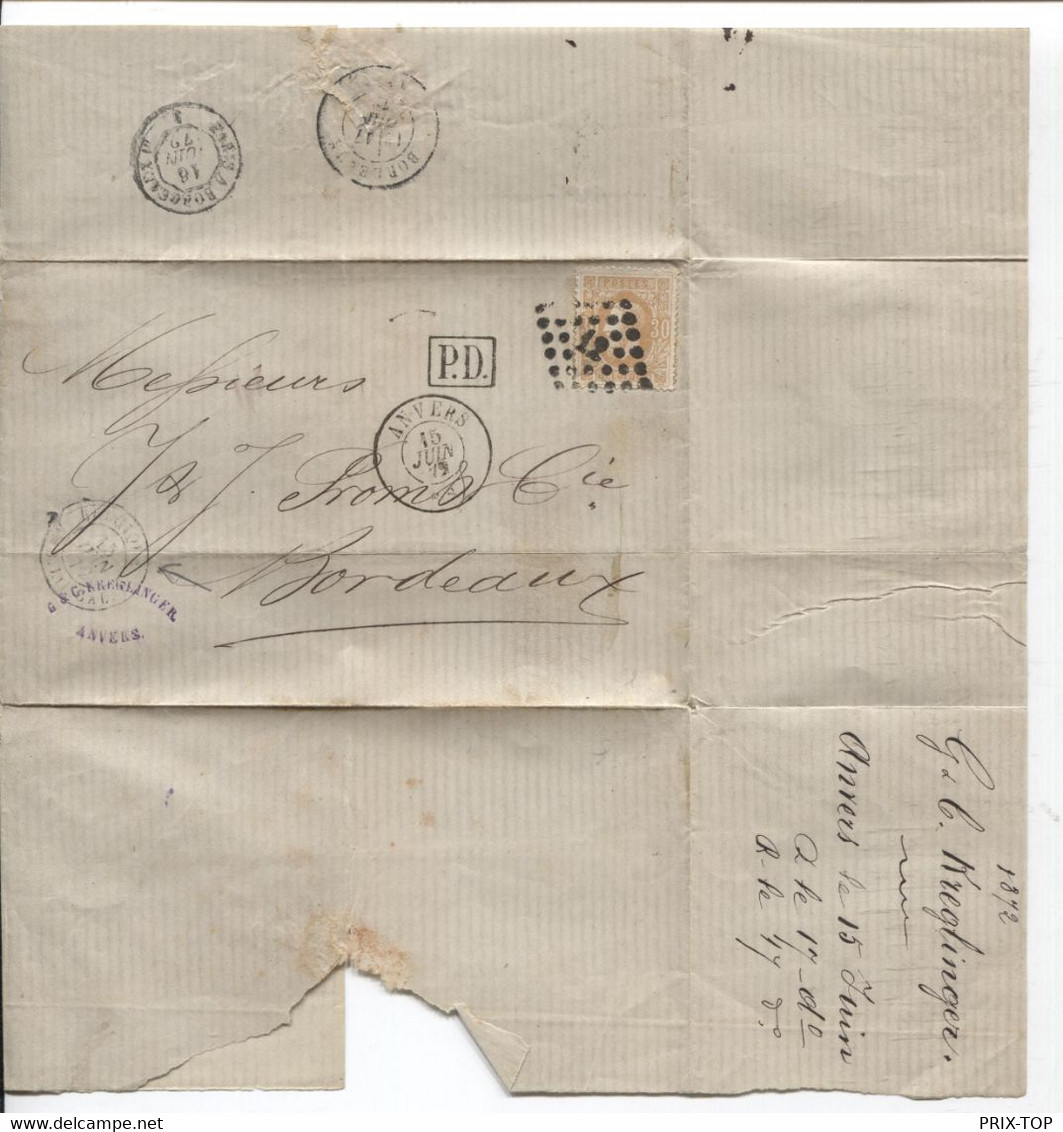 REF3574/ TP 33 S/LSC G&C Kreglinger Anvers C.Anvers 1872 + LOS PTS 12 Ambulants & Marque D'entrée > Bordeaux C.d'arrivée - Postmarks - Points