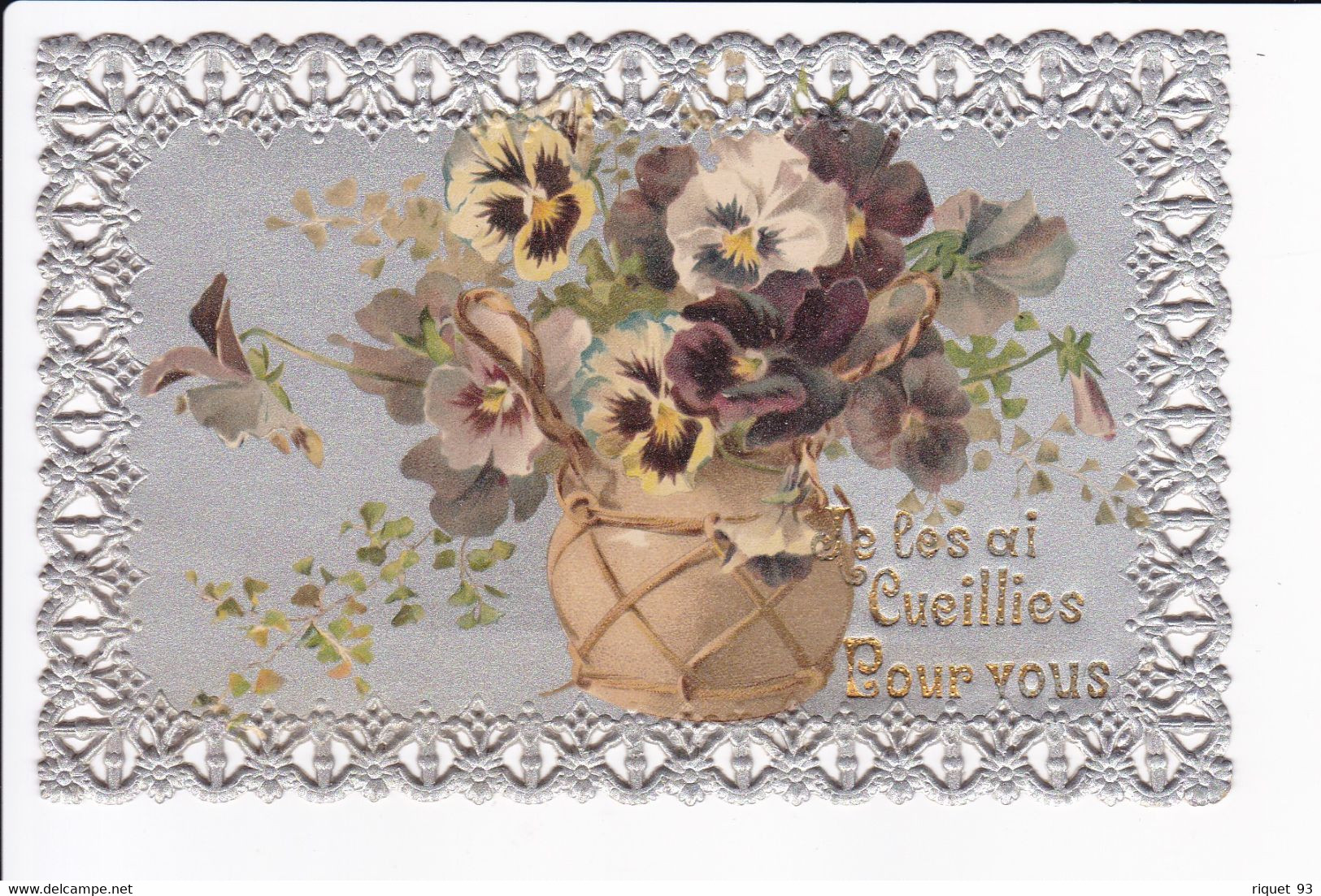 Carte Argentée Avec Vase De Pensées "Je Les Ai Cueillies Pour Vous" Ajourée Au Portour - Altri & Non Classificati