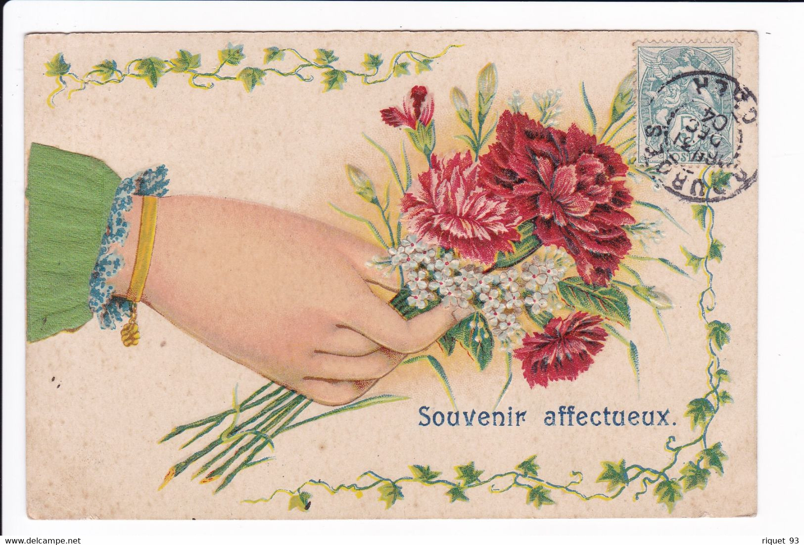 Carte Embossée Avec Main Tenant Bouquet De Fleurs "Souvenir Affectueux - Autres & Non Classés