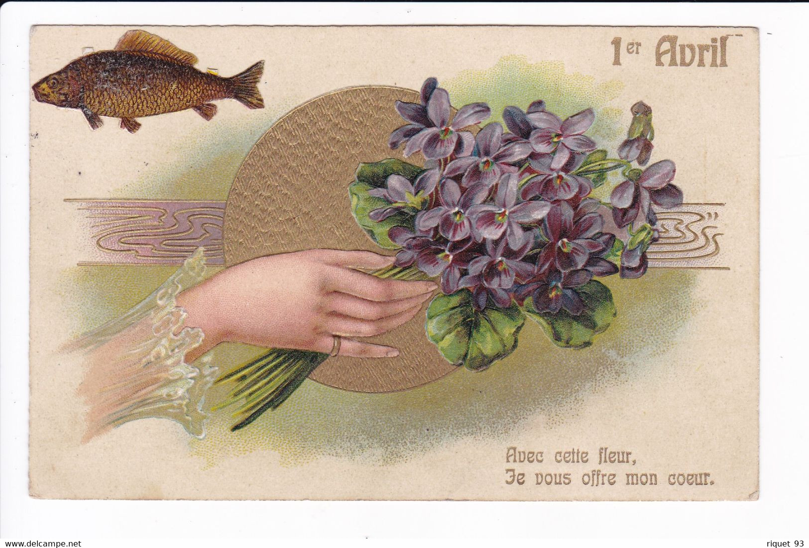 Carte Embossée 1er Avril - Poisson Ajouté En Découpis Et Main Tenant Bouquet De Violettes "Avec Cette Fleur, Je Vous Off - Altri & Non Classificati