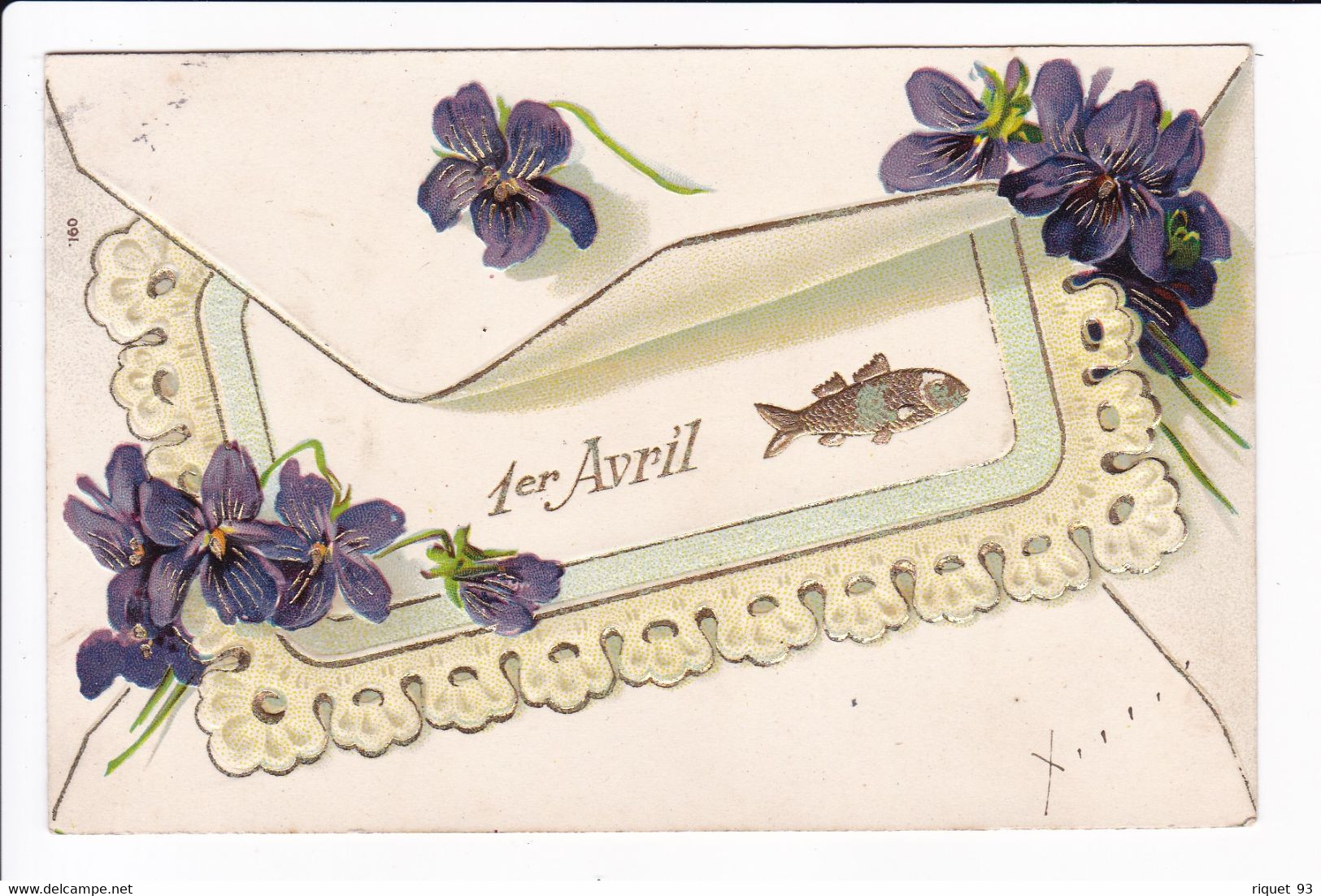 Carte Embossée 1er Avril - Forme D'enveloppe Et Violettes - Altri & Non Classificati