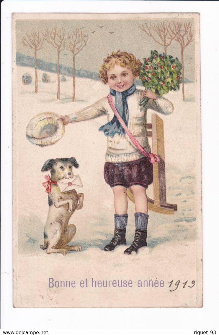 Carte Embossée Bonne Et Heureuse Année- Enfant Avec Chien Dans Paysage Enneigé - Other & Unclassified