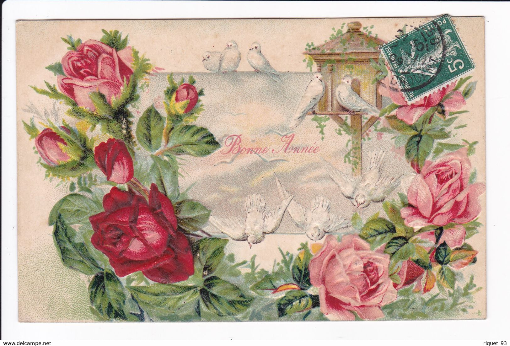 Carte Embossée "Bonne Année" - Roses Nichoir Et Colombes - Altri & Non Classificati